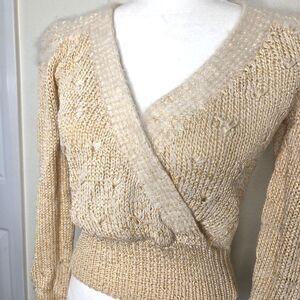 VTG Antonella Preve Ivory Hand Knit 80s Sweater V Neck Suplus Angora Trim size M